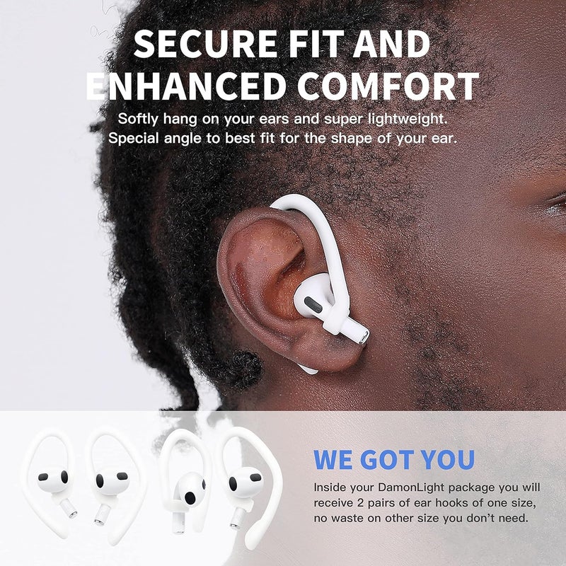 DamonLight [2 Pairs] Ear Hooks for AirPods Pro 2 & 1, AirPods 4 & 3 & 2 & 1, Airpod Ear Hook, Anti-Slip Comfortable Fit, Ergonomic Design, AirPods Accessories (Medium, White) - Image 3
